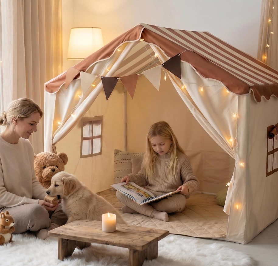 KetieStory Kids Play Tent Set – Portable Teepee Tent for Toddlers with Mat & Star Lights, Washable and Foldable Indoor Play House for Baby Aging 13 as Reading Nook & Room Decor