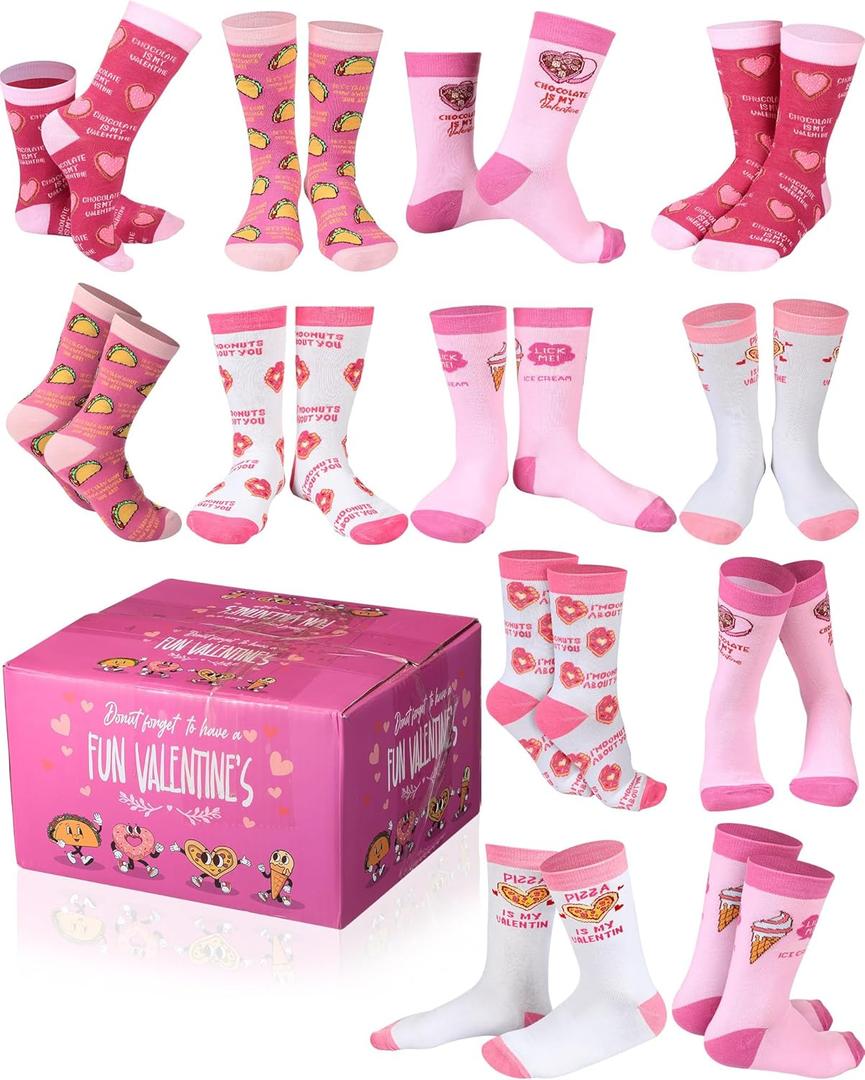 12 Pairs Valentines Day Socks Gifts for Women Her Wife Mom, Pink Heart Cute Print Crew Socks Birthday Gifts (One Size, Food Style)