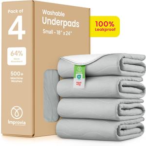 IMPROVIA Washable Underpads, Heavy Absorbency Reusable Incontinence Pads for Kids, Adults, Elderly, and Pets - Waterproof Protection Floor Grey & White (4 Pack - 18x24) (Gray)