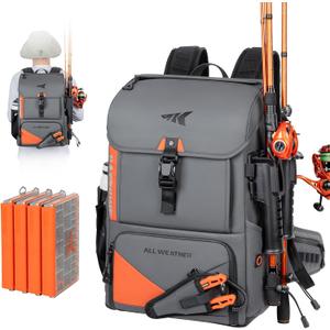 KastKing All Weather Fishing Tackle Backpack with 4 Waterproof Tackle Boxes & Removable Rod Holders,Waterproof ArmorShield Fabric Fishing Bag Storage Fishing Gear, 13.8 inches