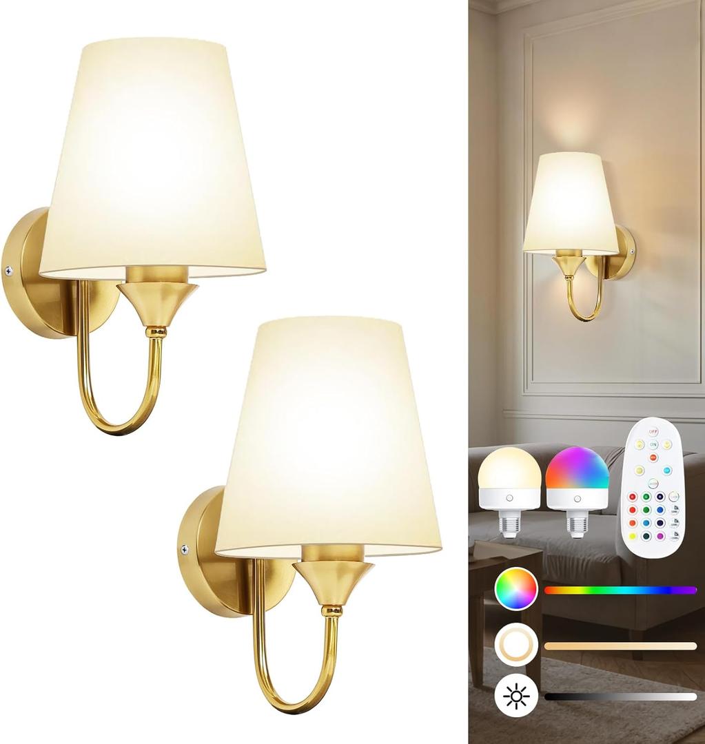 Battery Operated Wall Sconces Set of 2, Gold 10000mAh Rechargeable Dimmable LED Bulb, 15 Colors & Remote, with Fabric for Bedroom Living Room Hallway Staircase Decor