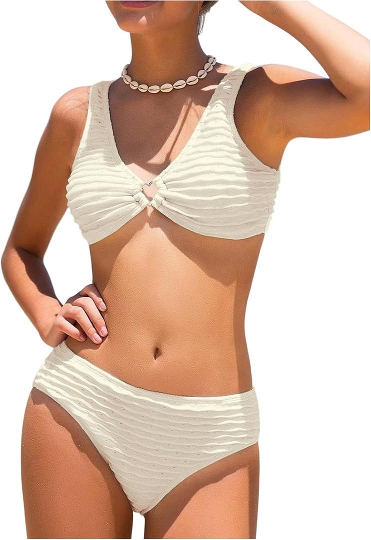 SOLY HUX Girl's V Neck Ring Linked Bikini Sets Bathing Suits Two Piece Swimsuit (White)