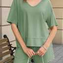 Tankaneo Womens 2 Piece Outfits Shorts Set Summer Casual Short Sleeve V Neck T Shirts Tops Matching Lounge Sets (Green, XXL)