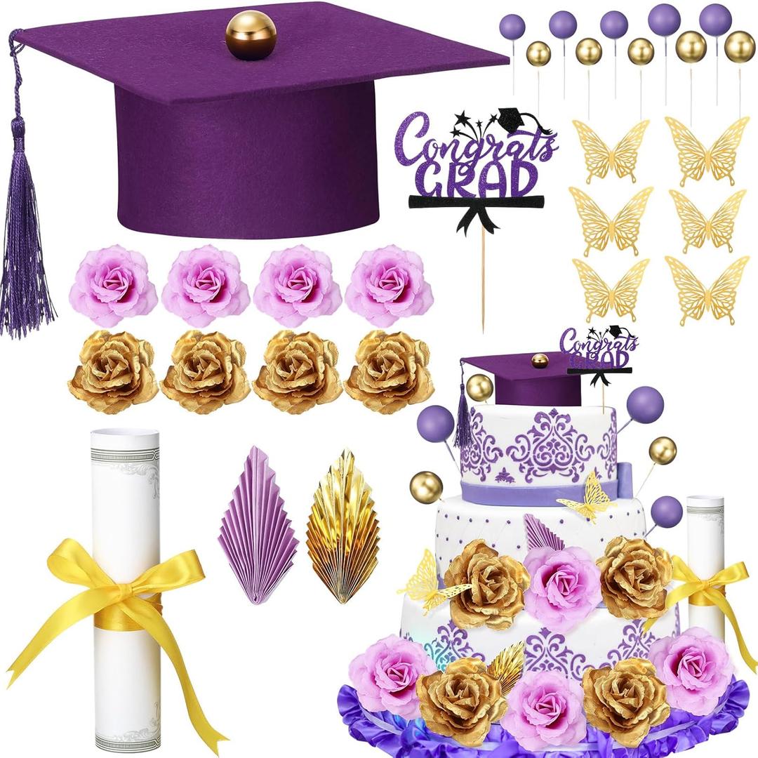 Jingmore Graduation Cake Kit Included Felt Graduation Cap Diploma Classic Black Congrats Grad Cupcake Toppers Beads Leaf Flowers Cake Decorations for Class of 2026 Party(Purple and Gold)
