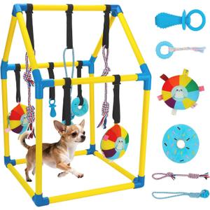 Puppy Play Gym with Hanging Toys, Dog Indoor Jungle Gym as Activities Center for Puppies, PVC Frame with 8 Enrichment Toys for Small Dogs Kitten and Other Pets