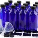 12 Pack 8 oz Cobalt Blue Glass Bottles, 240ml Boston Round Sample Bottles with Black Poly Cone Caps, Labels and Funnels