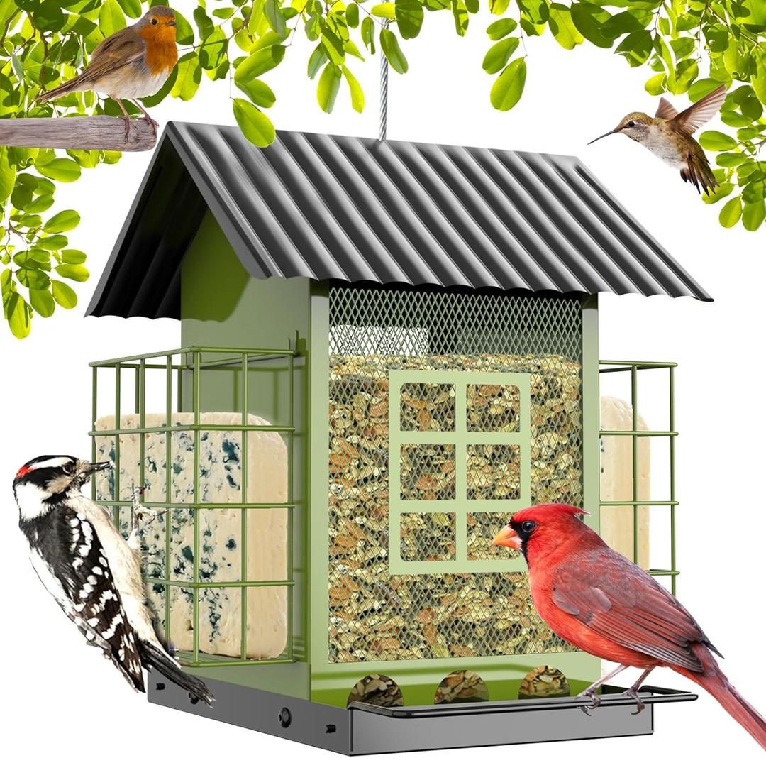 Bird Feeders for Outdoors Hanging, Metal Bird Feeder with Double Suet Cage Cake, Large Capacity, Birdfeeders Sturdy & Weatherproof, Easy to Clean & Refill, Great for Attracting Wild Birds (Green)