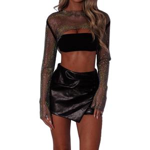 Women Rhinestone Top Black Mesh Chain Fishnet Long Sleeve Outfit - Sparkly Crystal Rave Crop Shirt, Sexy Glitter Sequin Metallic Costume with Jewelry for Festivals Concerts Raves Black Rhinestone, Small