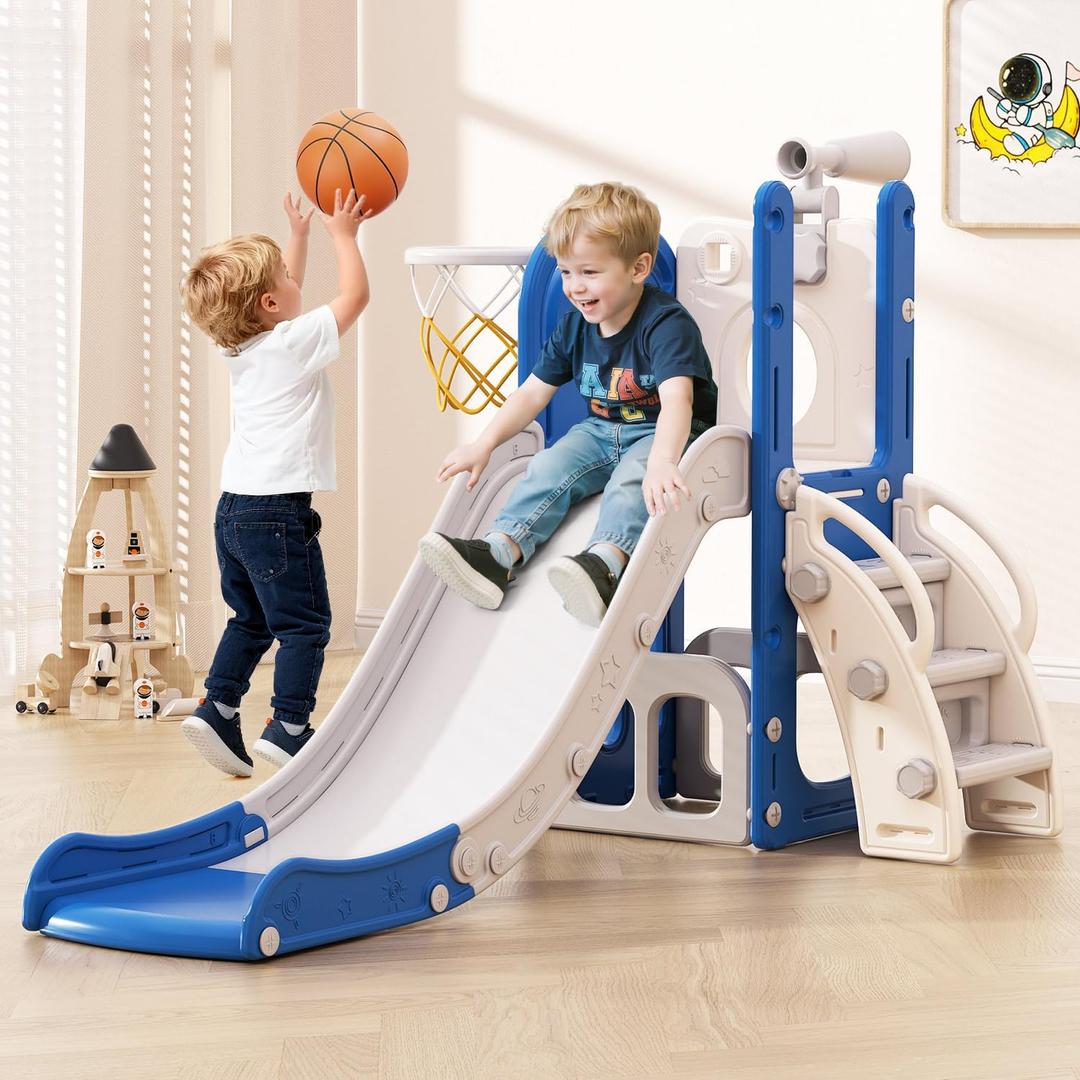 Babytronic Toddler Slide, 6 in 1 Kids Indoor Slide for Toddlers 1-3, Baby Indoor and Outdoor Climber Playset, Kids Slide with Basketball Hoop and Telescope, Toddler Outdoor Playground(White&Gray)