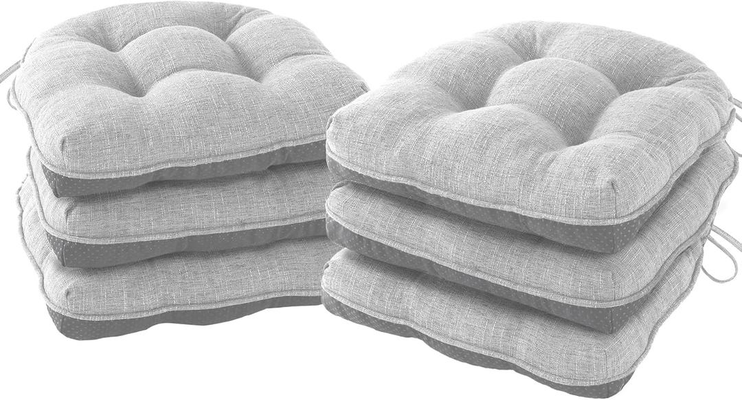 Chair Cushions for Dining Chairs Set of 6, Kitchen Chair Cushions, Chair Pads with Ties and Non Slip Backing, Tufted Memory Foam Seat Cushion 6 Pack, 15.5" x 15.5" x 4", Light Gray