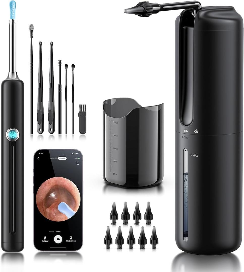 Ear Wax Removal - Electric Ear Irrigation Flushing System with 4 Pressure Modes, Ear Cleaner with Camera, 1080P Otoscope, Ear Cleaning Tool with 7 Pcs Ear Set, Safe and Effective Earwax Removal Kit (Black)