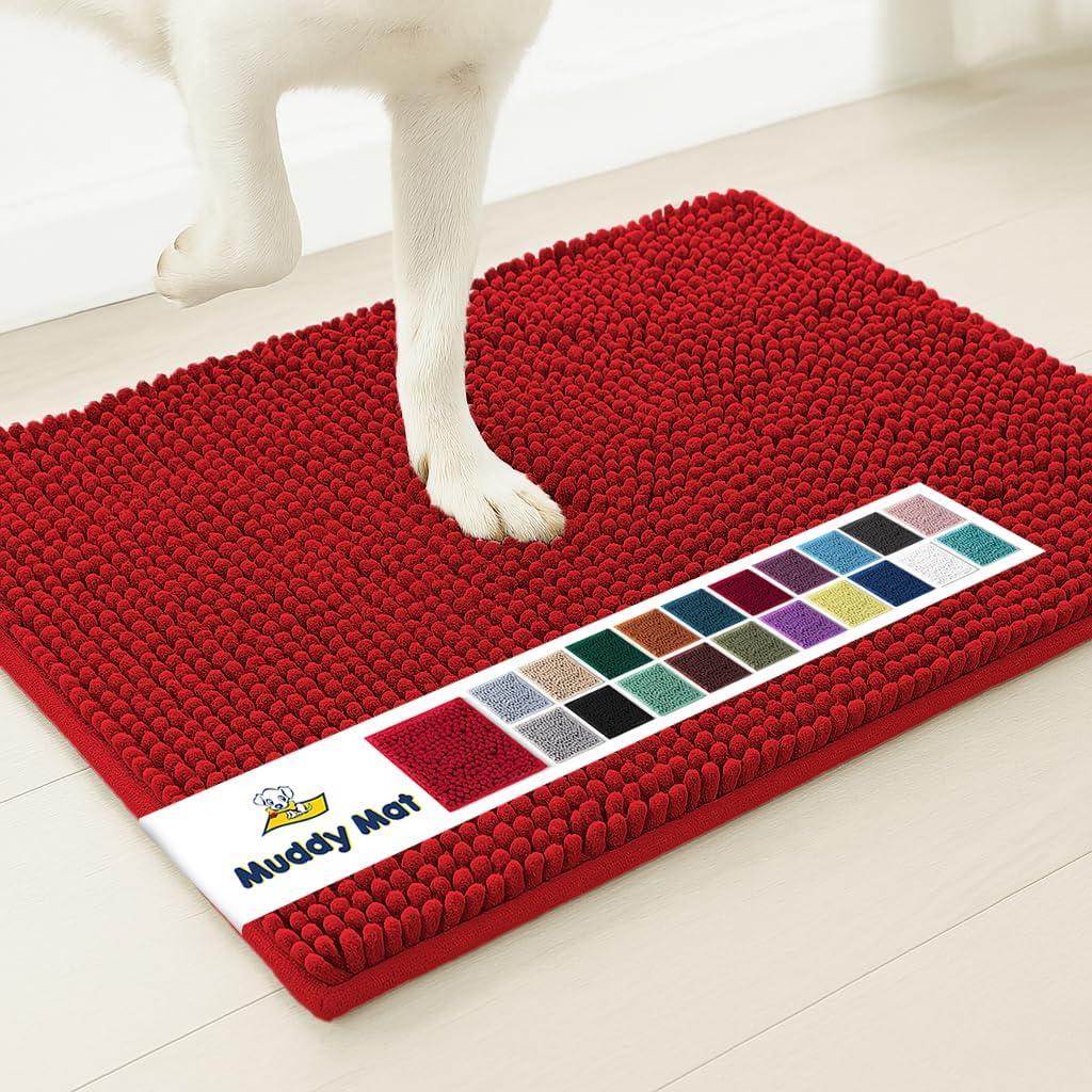 Muddy Mat Shown on TV  Super Absorbent Microfiber Dog Door Mat for Muddy Paws, Non-Slip Washable Pet Rug, Quick Dry Chenille Entryway Carpet, Machine Washable Indoor Outdoor mat, Red 28"x18"