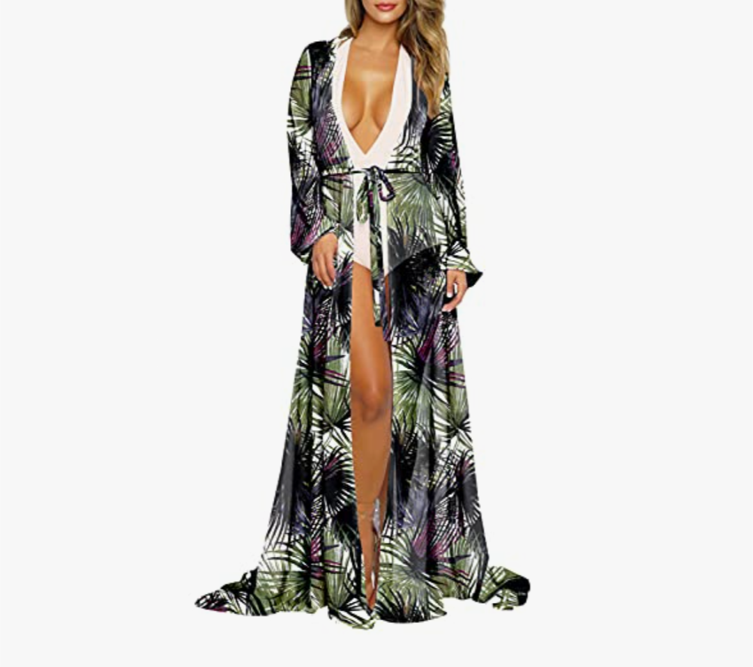 Pink Queen Women's Long Sleeve Flowy Maxi Swimsuit Tie Front Robe Cover Up Size M/L