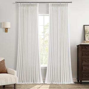 108 Inch Pinch Pleated Linen Curtains for Living Room Thick Flax Pleated Memory Light Filtering Semi Sheer Curtains with Pleated Hooks Back Tab for Track System Cream Ivory Pinch Pleat Window Drapes