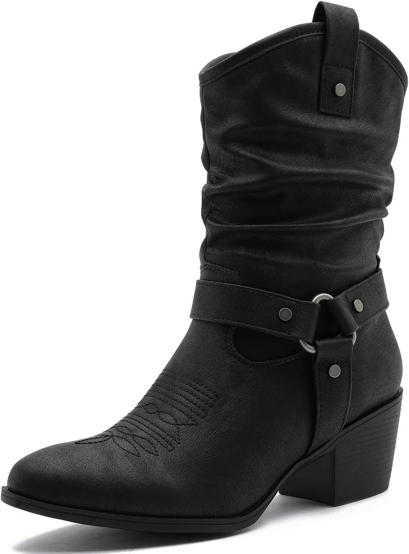 GLOBALWIN Women's Mid Calf The Western Cowgirl Boots Fashion Cowboy Boots For Women Chunky Low Heel (7.5, 19yy17 Black2)