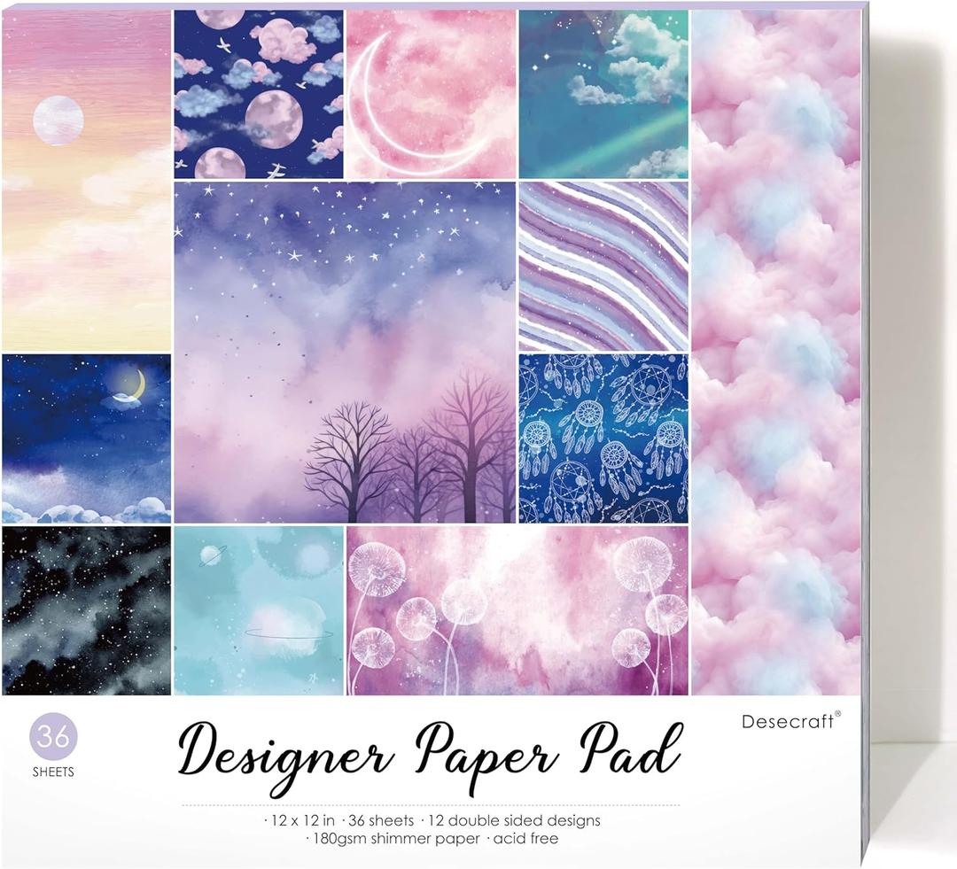 Shimmer Sky Galaxy Watercolor 12x12 Paper Pad Pack Scrapbook Cardstock Decorative Patterned Paper for Card Making Journaling Planner Origami Scrapbook Paper Scrapbooking Supplies