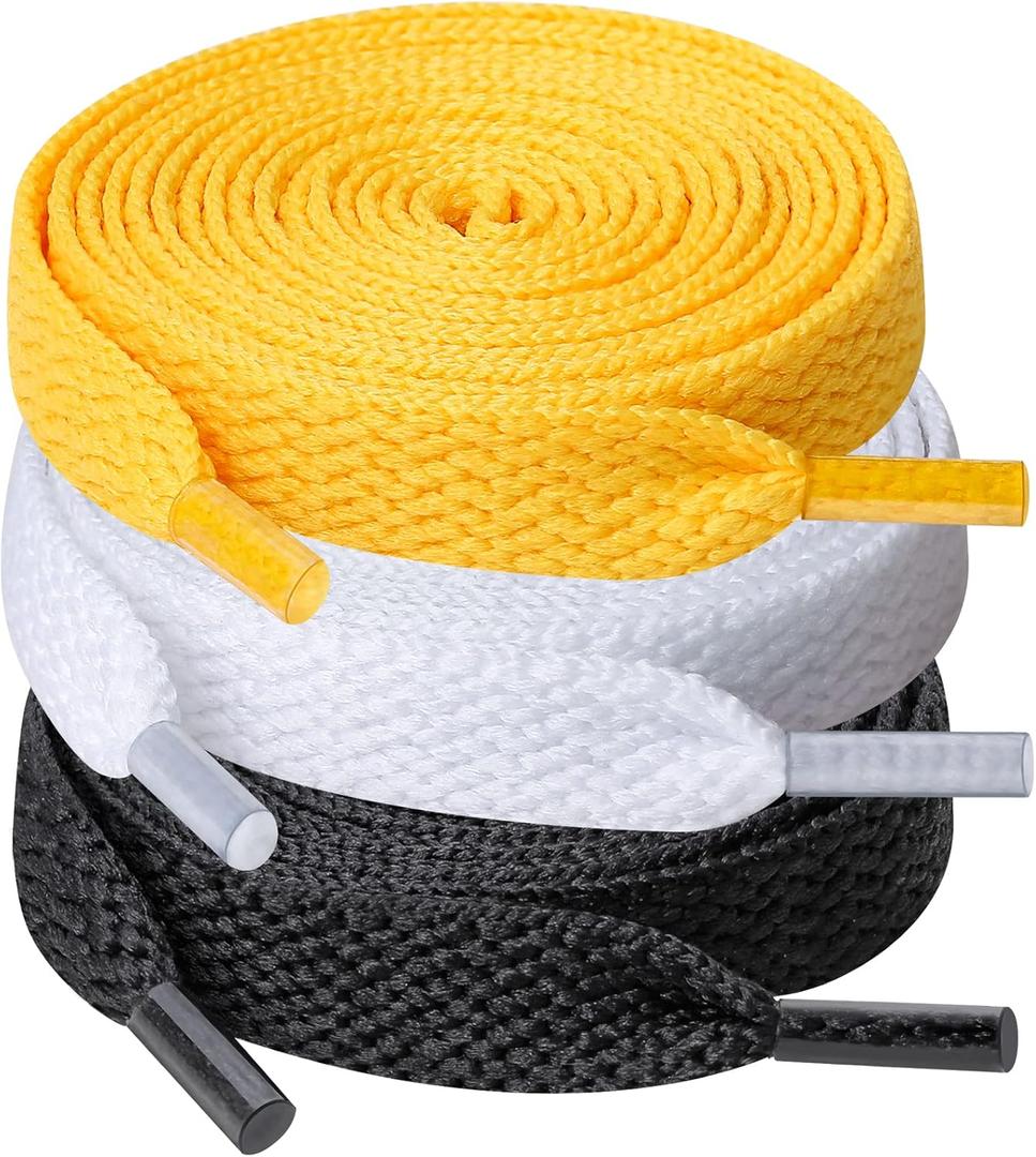 2 x UpUGo 3 Pair Flat Shoe laces, 5/16" Wide Shoelaces for Athletic Running Sneakers Shoes Boot Strings (40", White Black Yellow)