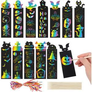 FOIMAS 48pcs Halloween Scratch Bookmarks,DIY Pumpkin Bat Bookmark Halloween Magic Scratch Paper Art for Halloween Craft Supply