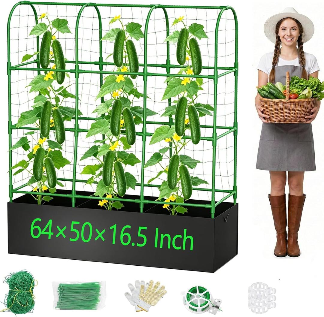 Cucumber Trellis with Grow Bag,63.8"×49.6"×16.5" Trellis for Climbing Plants Outdoor,U-Shape Reusable Metal Garden Arch Trellis with Net, for Fruit Flower Support for Pea, Grape Vine Type Plants