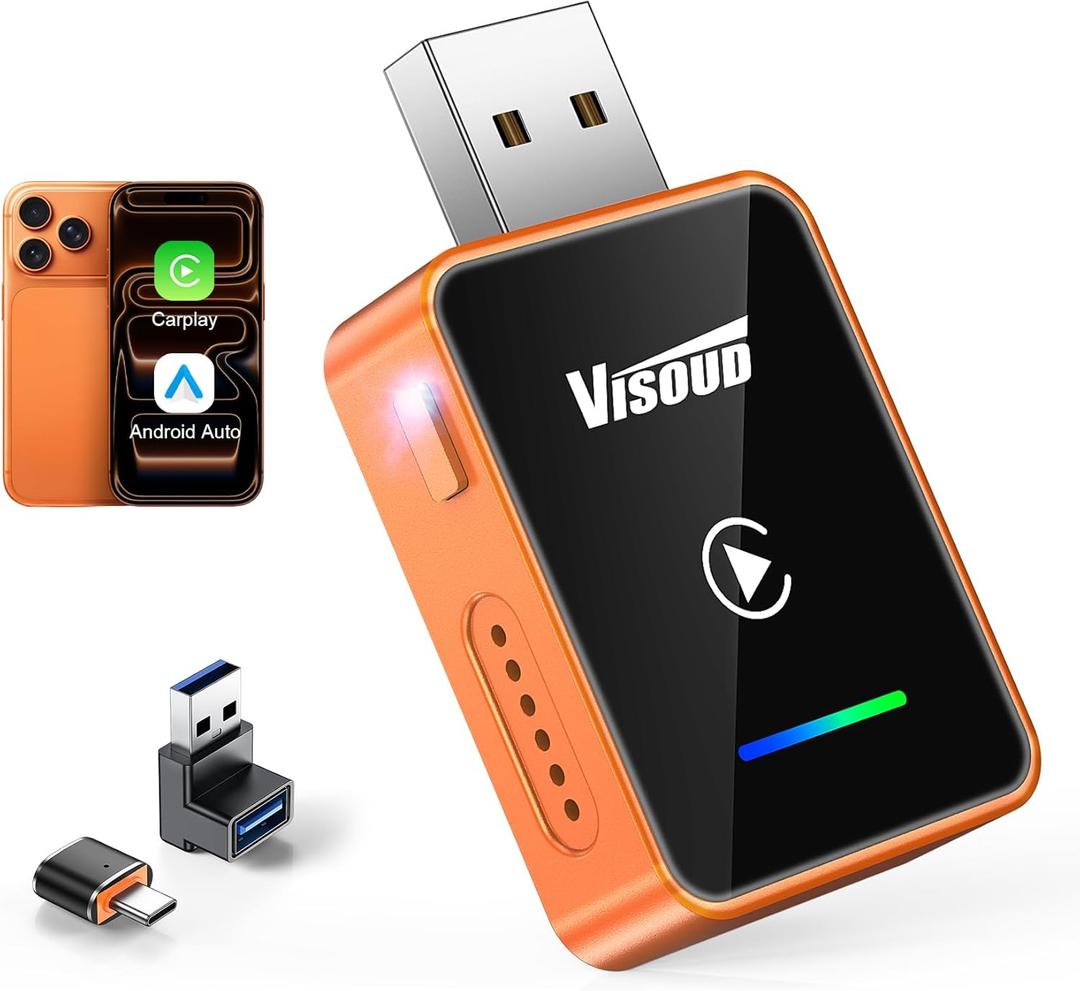 2026 Wireless CarPlay & Android Auto Adapter, One-Click Switch, 3s Auto Reconnect, A9 Chip, Bluetooth 6.0, 5.8GHz WiFi, Plug & Play, with USB-C & Right-Angle Cables (Orange)