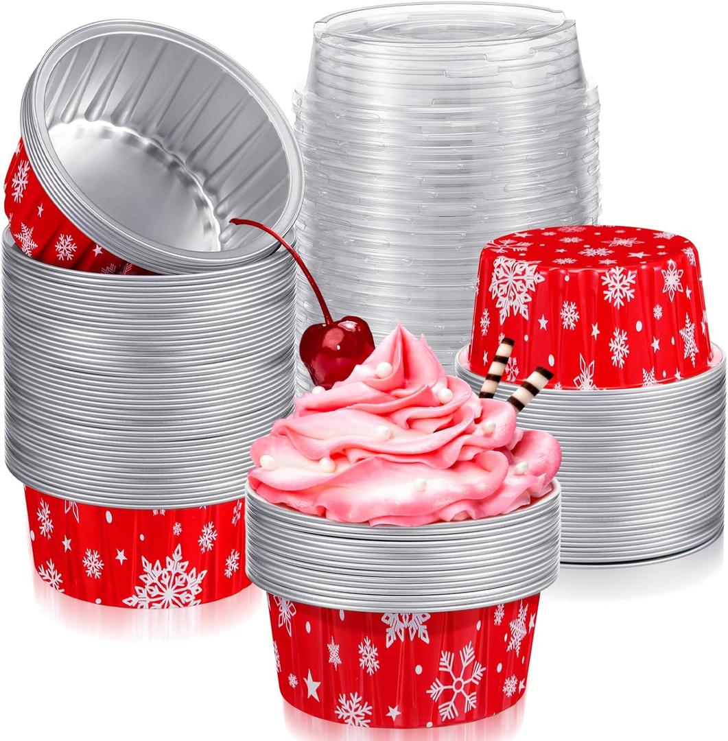 Umigy 100 Pcs Christmas Aluminum Foil Baking Cups with Lids 4.3oz Baking Liner Cups Xmas Disposable Ramekins Muffin Tins Cupcake Pan Foil Cupcake Containers (Snowflake)