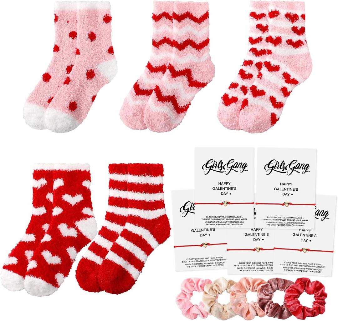 Berlune 5 Set Galentines Day Party Favors Fuzzy Sock Bracelet Scrunchie Gifts Set for Galentines Valentine's Women Party Gift (Red)