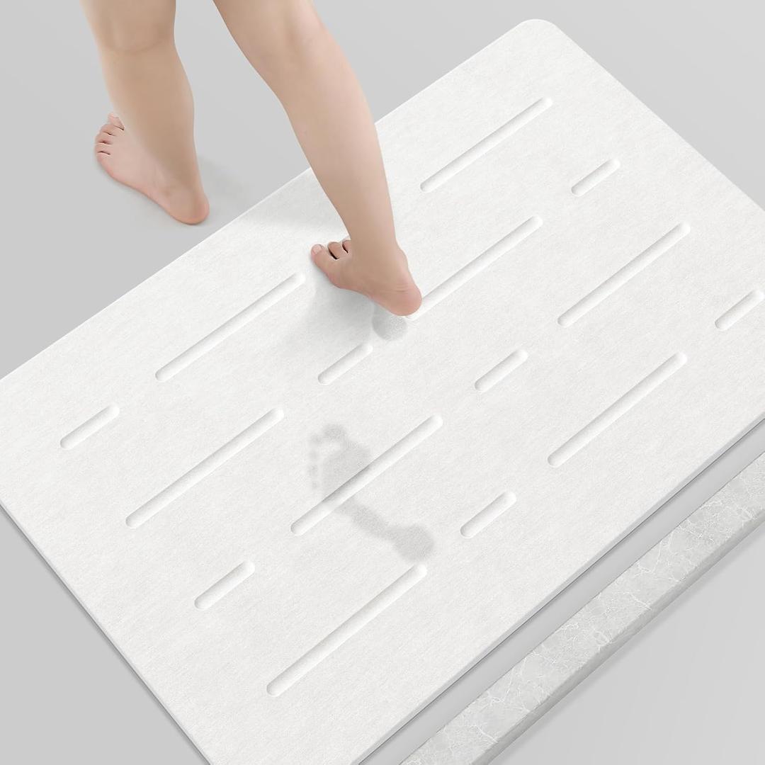 OTHWAY Large Stone Bath Mat, 32"x 20" Diatomaceous Earth Bath Mat for Bathroom Quick Drying Absorbing, Long Non-Slip Diatomite Hard Stone Shower Mat Instant Dry(White Grey)