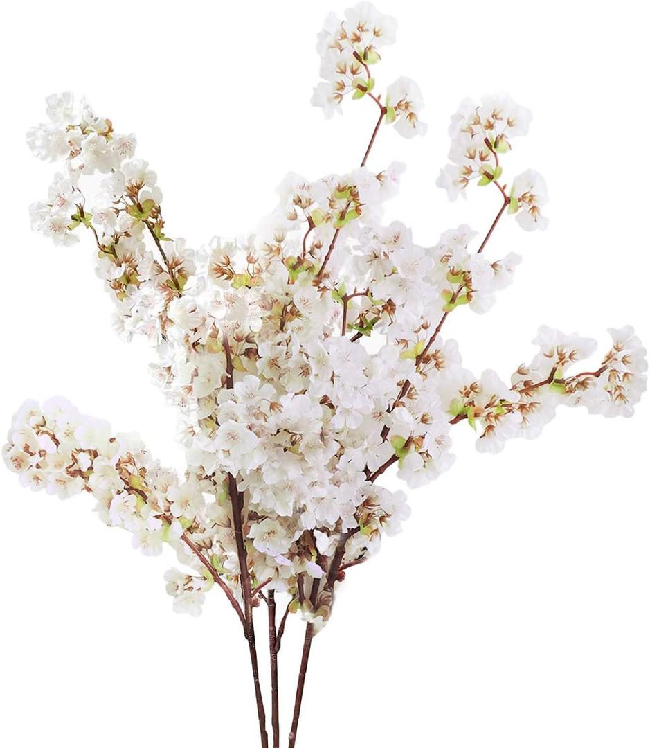 Sunm Boutique Silk Cherry Blossom Branches, Artificial Cherry Blossom Tree Stems Faux Cherry Flowers Vase Arrangements for Wedding Home Decor, Set of 3 (White)