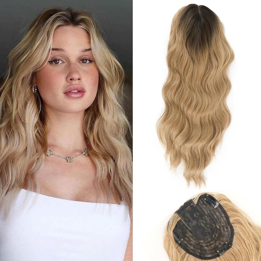 Wig Toppers for Women 20 Inch Long Wavy Curly Ombre Blonde with Dark Roots Clip In Hair Topper Add Hair Volume Synthetic Wiglets Hair Pieces For Women