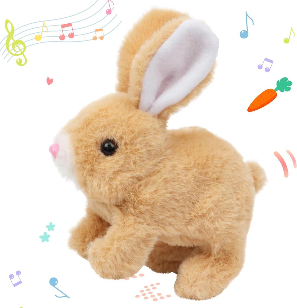 Hopearl Hopping Rabbit Interactive Electronic Pet Plush Bunny Toy with Sounds and Movements Animated Walking Wiggle Ears Twitch Nose Gift for Toddlers Birthday, Brown, 7''