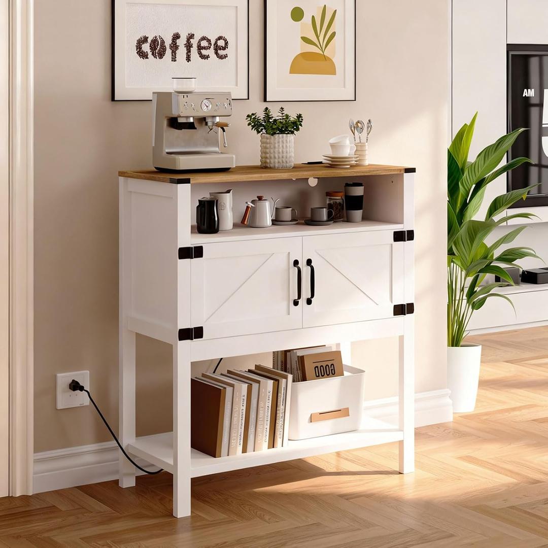 31.5" W Coffee Bar Cabinet with Outlets, 2-Door Farmhouse Console Table Sofa Storage Cabinet Narrow Buffet Sideboard for Kitchen, Pantry, Entryway, Hallway, Dining (Walnut White)