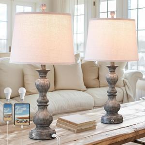 Touch Control Table Lamp Set of 2, 26" Farmhouse 3-Way Dimmable Bedside Lamp with USB A&USB C Charging Ports for Bedrooms, Living Rooms, Country Yards, Nightstands (2 Bulbs Included) (Black1)