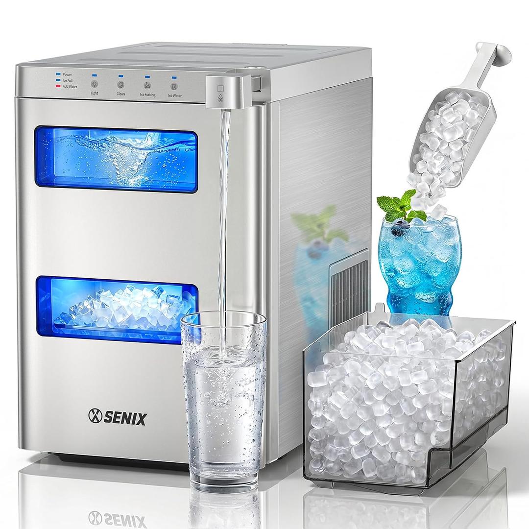 SENIX Nugget Ice Maker Countertop, 2 in 1 Portable Soft Pellet Ice Machine
33Lbs in 24H, 5 Mins Self-Cleaning, Triple-Layer Thermal Insulation, Quiet Chewable Ice Maker with See-Through Window
