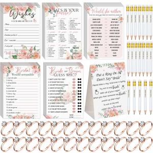 Sosation 331 Pcs Bridal Shower Games Supplies, 5 Sets (50 Cards Each) Wedding Games Cards, 1 Put a Ring on It Bridal Shower Game with 60 Rings and 20 Team Pencils for Wedding Engagement
