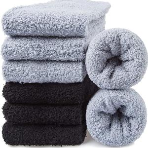 Mens Fuzzy Socks, Warm Winter Fluffy Cozy Slipper Fleece Socks for Men (Large, B-grey(3 Pairs)& Black(3 Pairs))