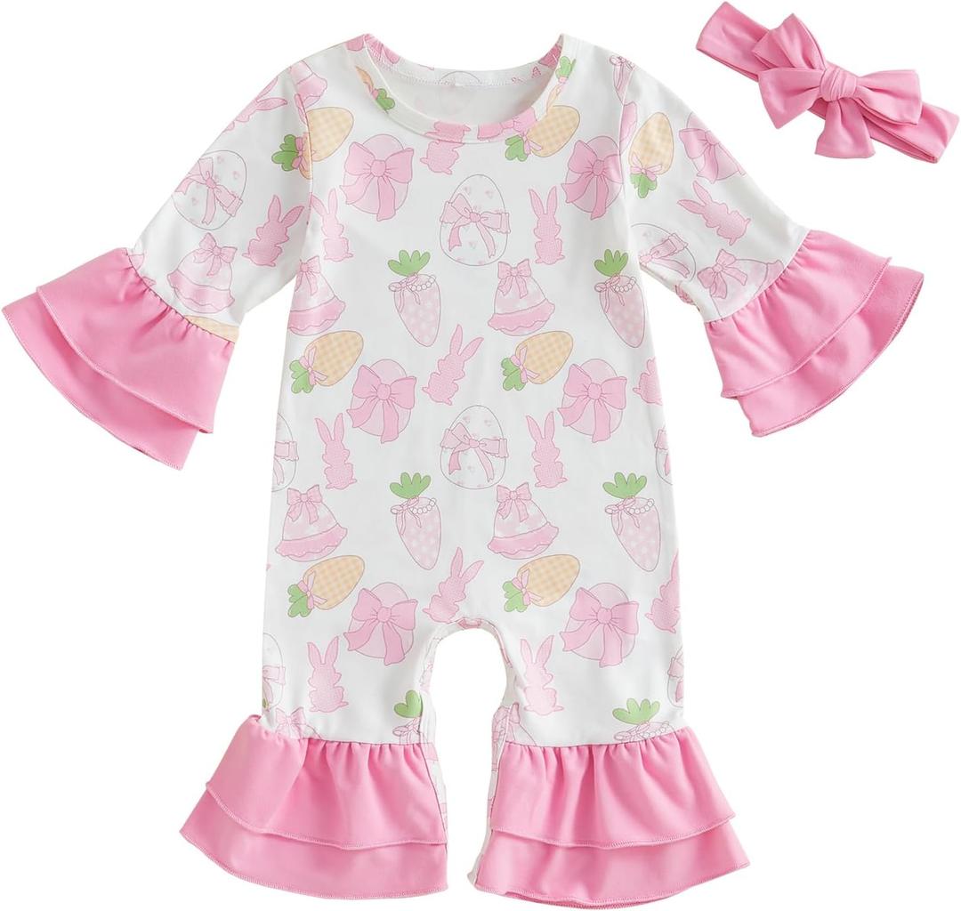 My First Easter Baby Girl Outfit Bunny Egg Ruffle Romper Long Sleeve Flare Jumpsuit with Headband Newborn Clothes (Pink, 12-18 Months)