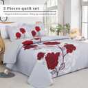 Anibedding Floral Quilt Set Queen Size,Elegant Red Floral Printed Bedspread Coverlet 3 Pieces Soft Microfiber Bedding Set with 2 Pillowcases for All Season(96"90")