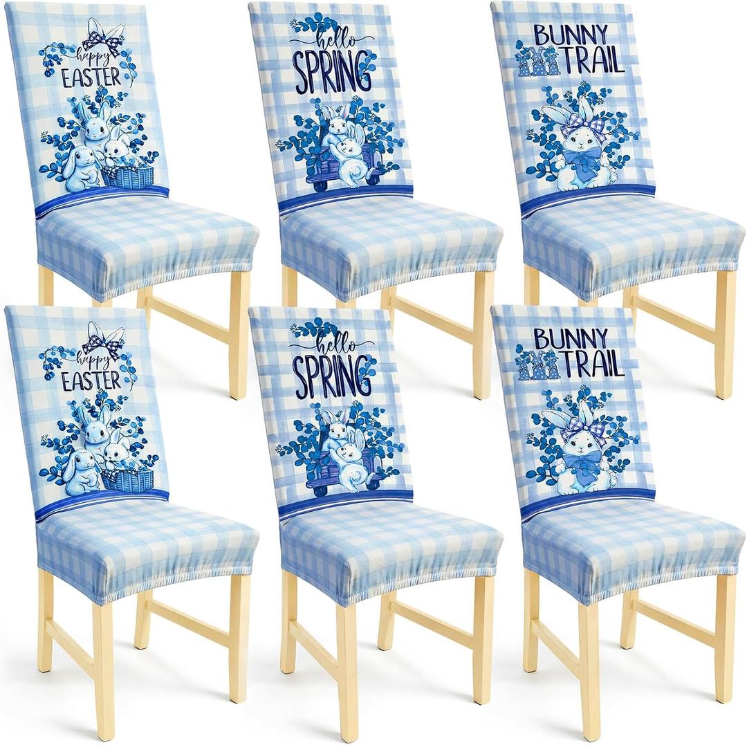 FuWeave Set of 6 Blue and White Chinoiserie Chair Covers, Easter Bunny Chair Back Covers Removable and Washable Cover for Room Dinning, Fits Most Standard Chairs