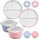 Domensi 4 Pcs Porcelain Kids Plates and Bowls Sets with Suction, 2 Ceramic Toddler Divided Plates 2 Baby Anti Slip Silicone Sleeve Bowls for Feeding Supplies Microwave Dishwasher Safe (Blue,Pink)