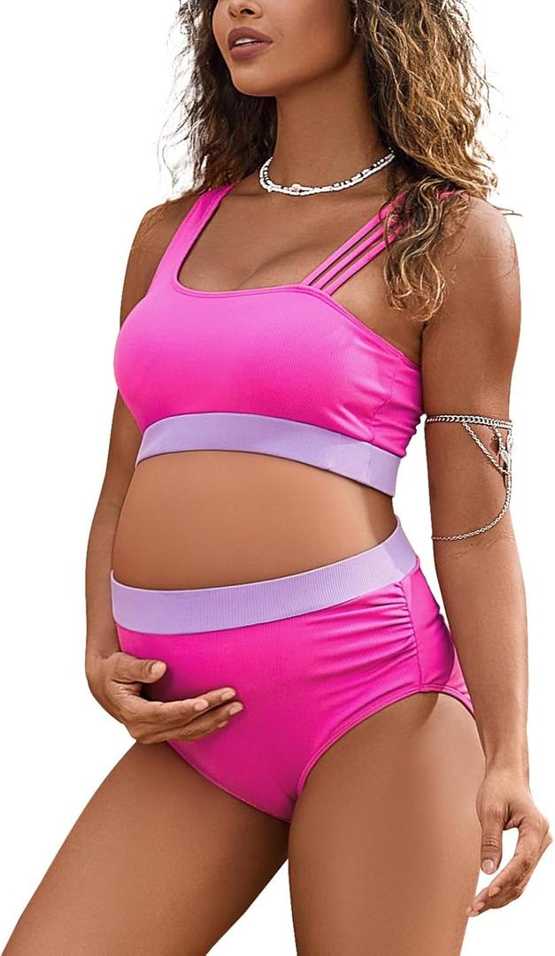 Maternity Two Piece Swimsuit High Waisted Strappy Bikini Set Bathing Suit (Small, Rose Red With Purple)