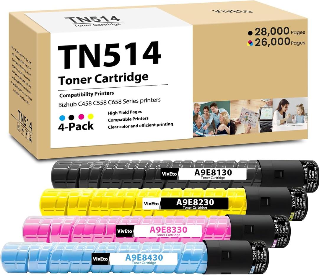 TN-514 TN514 Toner Cartridge Set Replacement for Konica Minolta TN-514 TN514K TN514C TN514M TN514Y A9E8130 A9E8430 A9E8330 A9E8230 for Bizhub C458 C558 C658 Printers, 4 Pack TN514 Ink Cartridge CMYK