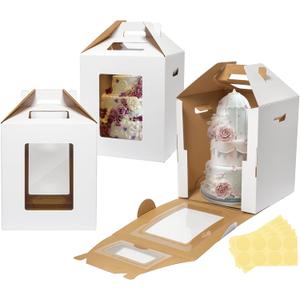 Wowxyz 3 Pack Tall Cake Boxes for Tier Cakes 14x14x16 Inch Disposable Layer Tall Baking Carrier with Window Large Tierd Bakery Take Out Transport Containers with Handle for Wedding, Birthday, Party