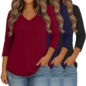 Evervibe 3 Pack Women's Plus Size Tops | 3/4 Length Sleeve, V Neck T-shirts, Loose Fit, Casual, Basic Tees, for Ladies, Size X