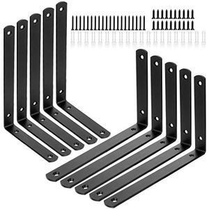 10Pcs Black L Corner Brace, 7”x 4.7” Heavy Duty Shelf Bracket for 8Inch Lumber Boards, Metal Iron L Corner Brackets, Decorative Joint Angle Bracket with Screw for Shelf, Wood, Furniture, Shelves