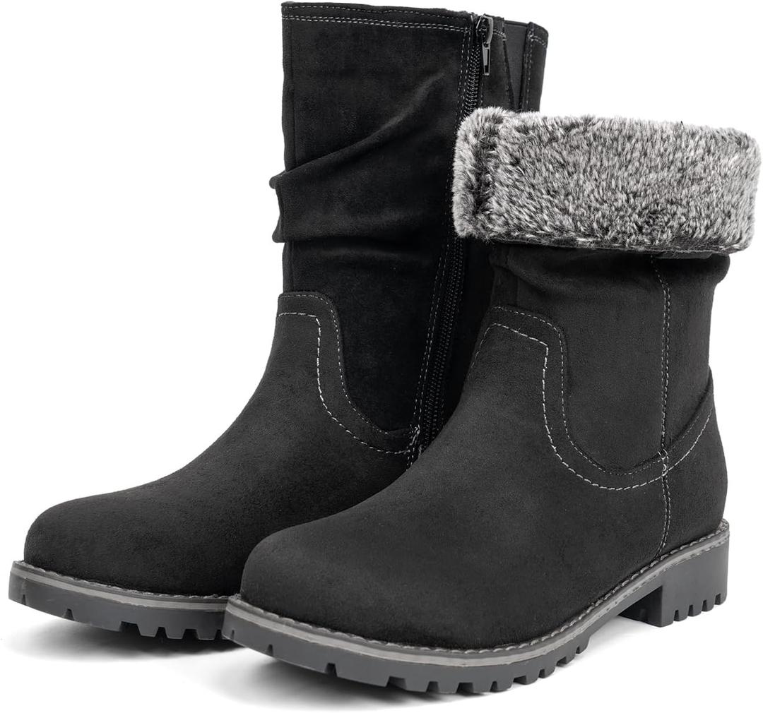 VJH confort Women's Mid Calf Boots Slouchy Riding Combat Low Heel Fur Lined Winter Zipper Booties (8.5, Black)