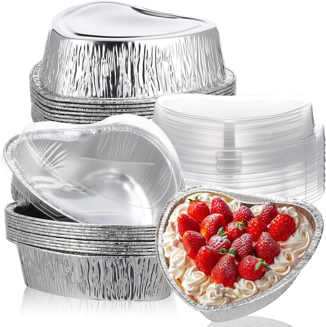 Hushee 12 Pcs 15 oz Valentine's Day Heart Shaped Cake Pan with Lid 6.3 Inch Aluminum Foil Disposable Cupcake Baking Pan Heart Food Packing Muffin Tin Liner Pudding Cooking Cup for Mother's Day