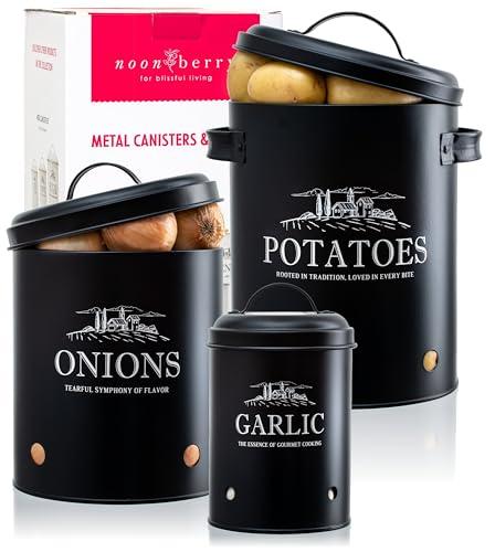 Noonberry Potato and Onion Storage Bin Set – 3-Piece Ventilated Potato Storage Bin, Onion Storage Container and Garlic Container – Matte Black Finish