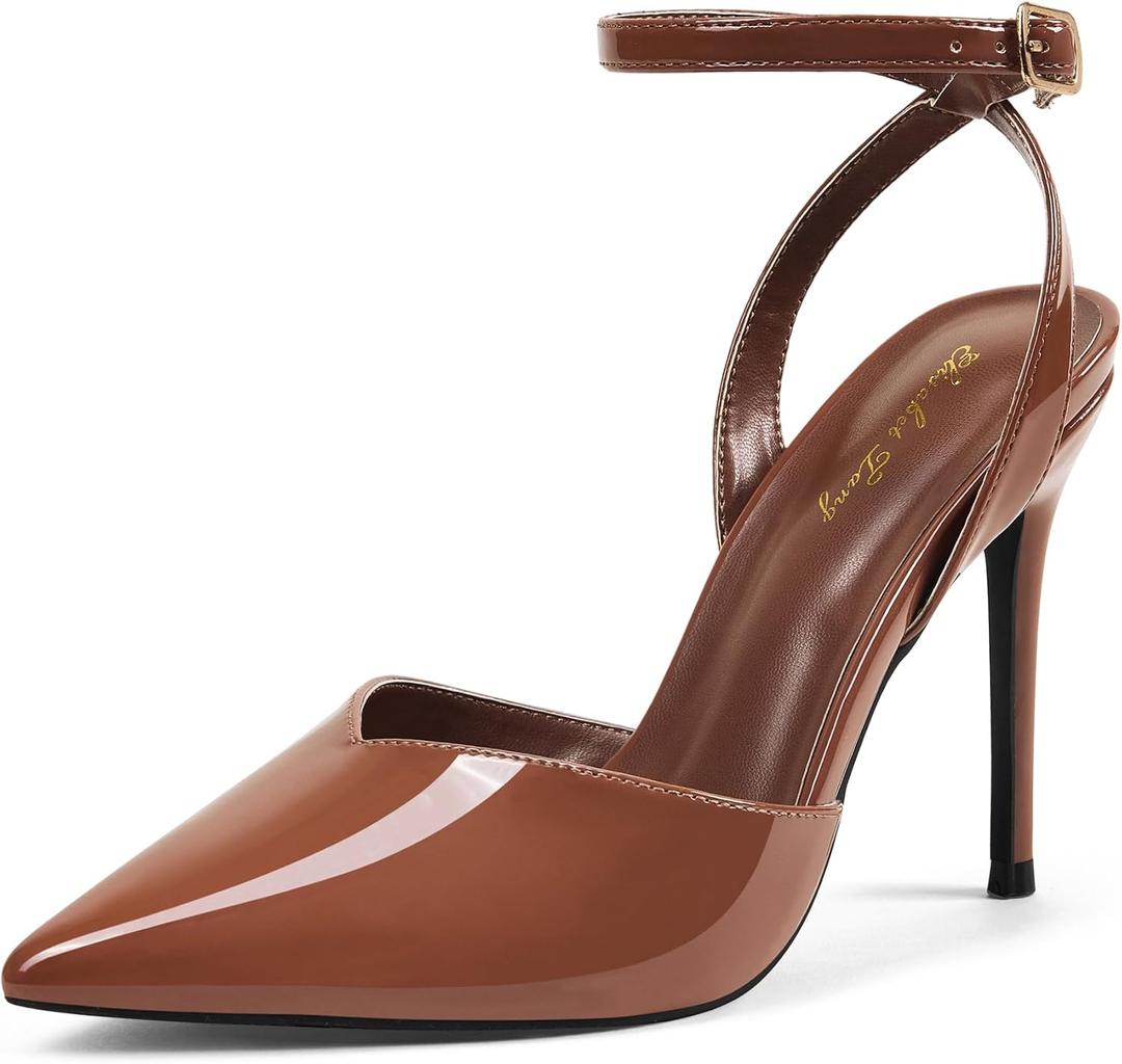 Elisabet Tang Women's Elegant 4 in Pumps Sexy Closed Toe Stilettos Stylish Pointed Toe Heels Adjustable Ankle Strap Daily Party Work Shoes (Brown Patent-pointed Toe, Size 9.5)