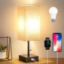 GGOYING Bedside Table Lamp, Pull Chain Table Lamp with USB C+A Charging Ports, 2700K LED Bulb, Fabric Linen Lampshade, Nightstand Lamp for Livingroom Bedroom Office Reading Working (Beige)