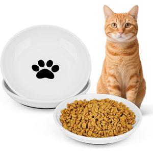 Ceramic Cat Food Bowls - 2 Pack Shallow Plates for Wet Food, Whisker-Friendly Feeding Dish with Non-Slip Silicone Base, Microwave & Dishwasher Safe for Indoor Cats & Kittens